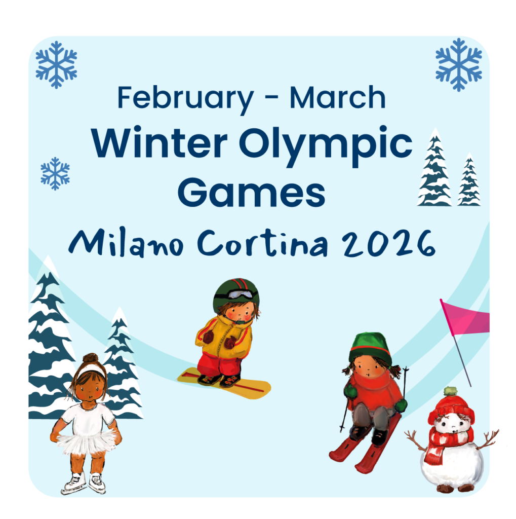 Enfants participant à des activités ludiques sur le thème des Jeux Olympiques d’Hiver 2026, voyageant à travers des jeux inspirés de Milano Cortina.